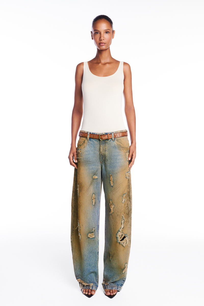 CALÇA JEANS BALLOON MANCHADA COM RASGOS (8952670748899)