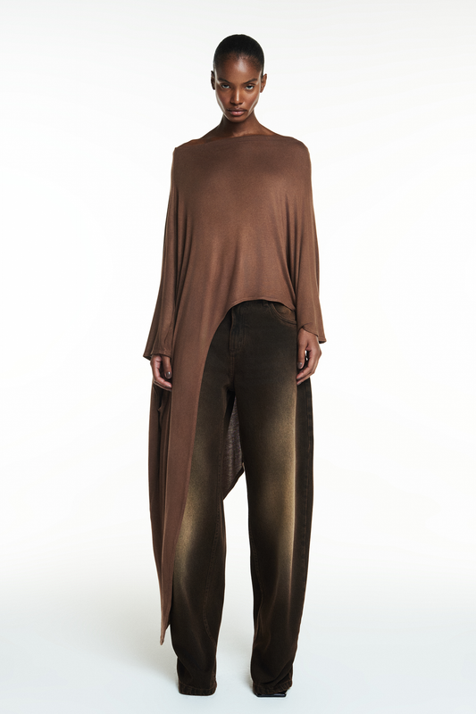 KAFTAN ASSIMÉTRICO MALHA MARROM (8838230507747)
