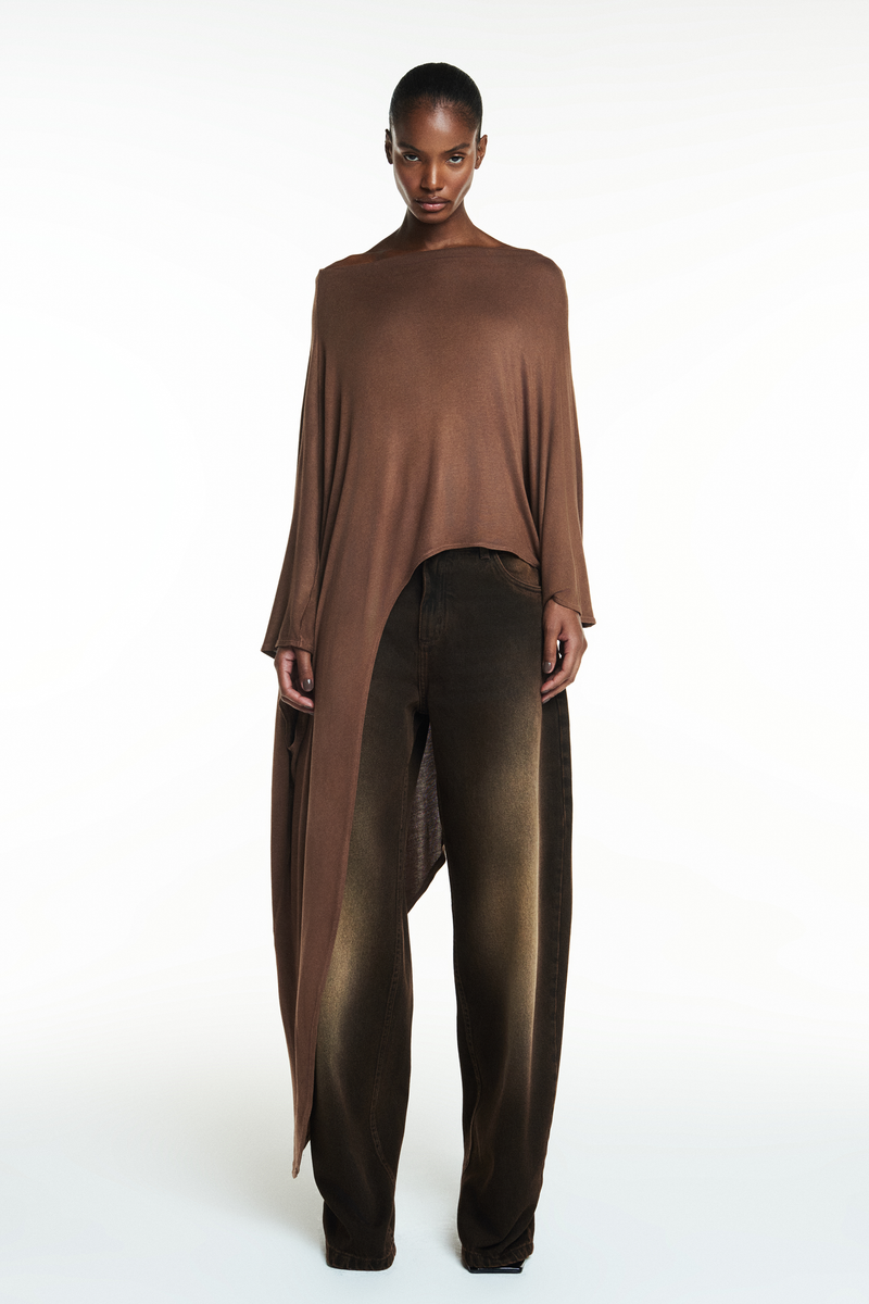 KAFTAN ASSIMÉTRICO MALHA MARROM (8838230507747)