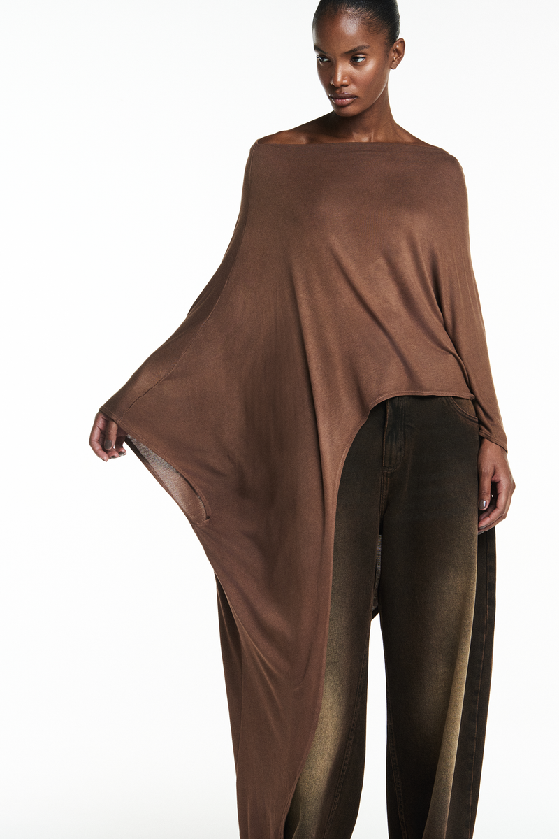 KAFTAN ASSIMÉTRICO MALHA MARROM (8838230507747)