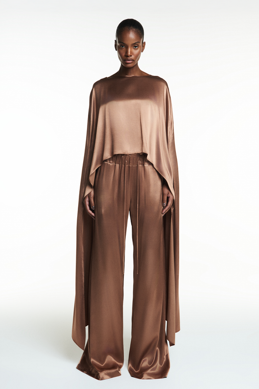 CALÇA CÓS ELÁSTICO CETIM MARROM (8838228508899)