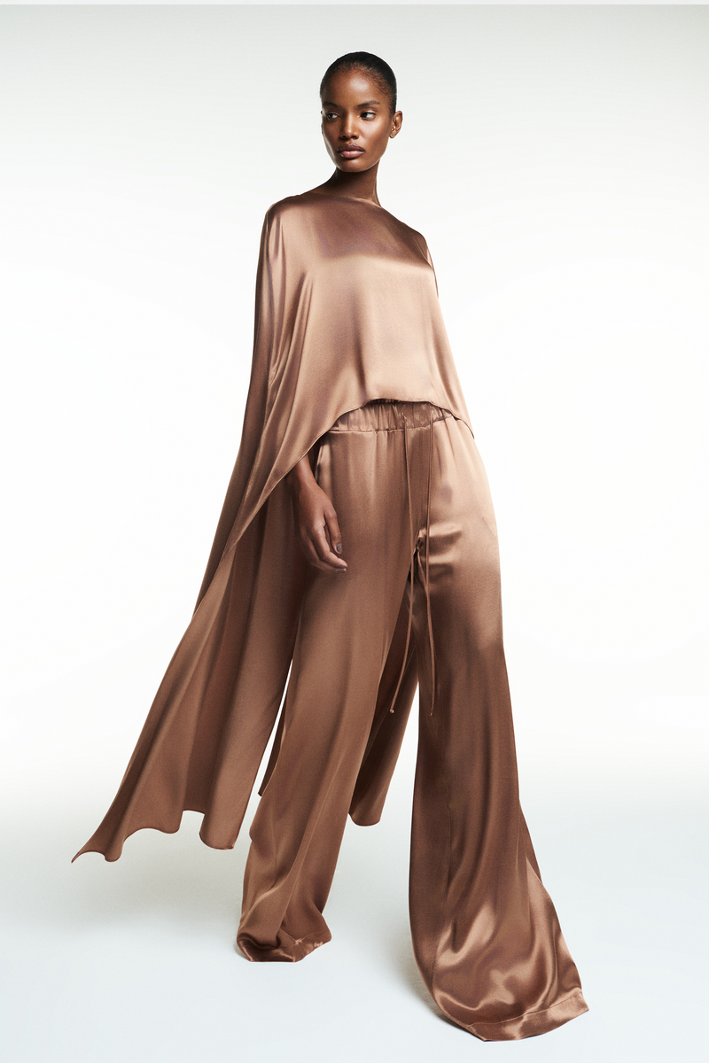 CALÇA CÓS ELÁSTICO CETIM MARROM (8838228508899)