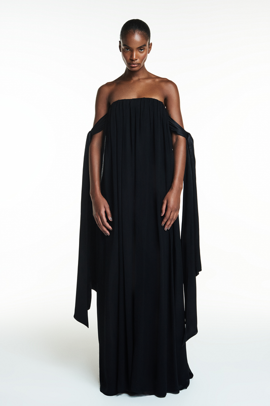 VESTIDO LONGO TOMARA QUE CAIA GGT FAIXA LAÇO BRAÇOS PRETO (8838232473827)