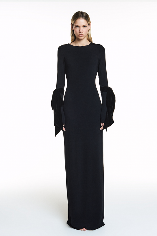 VESTIDO LONGO JERSEY LAÇOS VELUDO MANGAS PRETO (8838232178915)