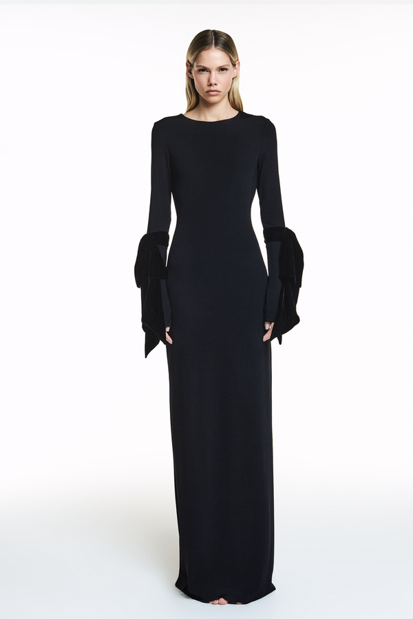 VESTIDO LONGO JERSEY LAÇOS VELUDO MANGAS PRETO (8838232178915)