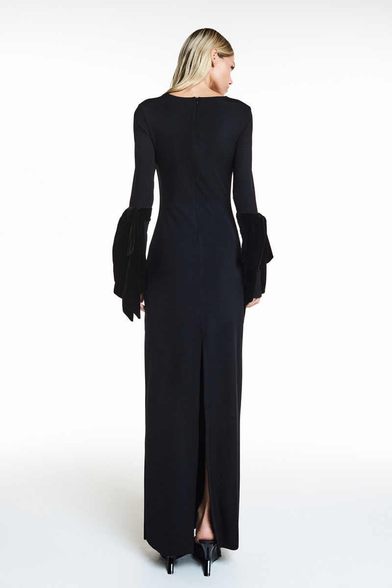 VESTIDO LONGO JERSEY LAÇOS VELUDO MANGAS PRETO (8838232178915)