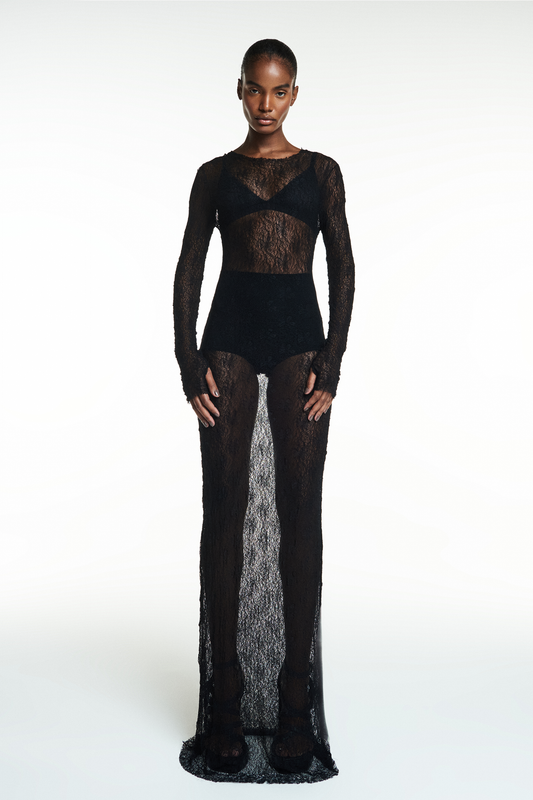 VESTIDO LONGO MANGA LONGA RENDA PRETA (8838232375523)