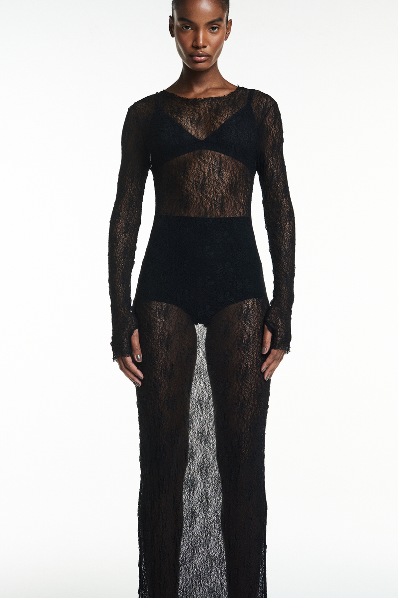 VESTIDO LONGO MANGA LONGA RENDA PRETA (8838232375523)