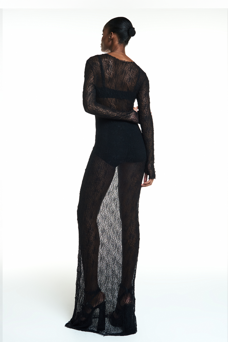 VESTIDO LONGO MANGA LONGA RENDA PRETA (8838232375523)