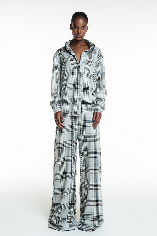 CALÇA RETA ELÁSTICO CÓS XADREZ CINZA (8838229655779) (8838229721315)