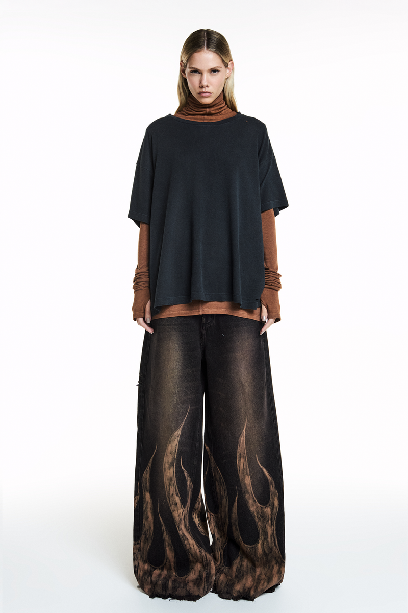 CALÇA JEANS DIRTY BLACK FOGO PINTADO À MÃO (8838228672739)