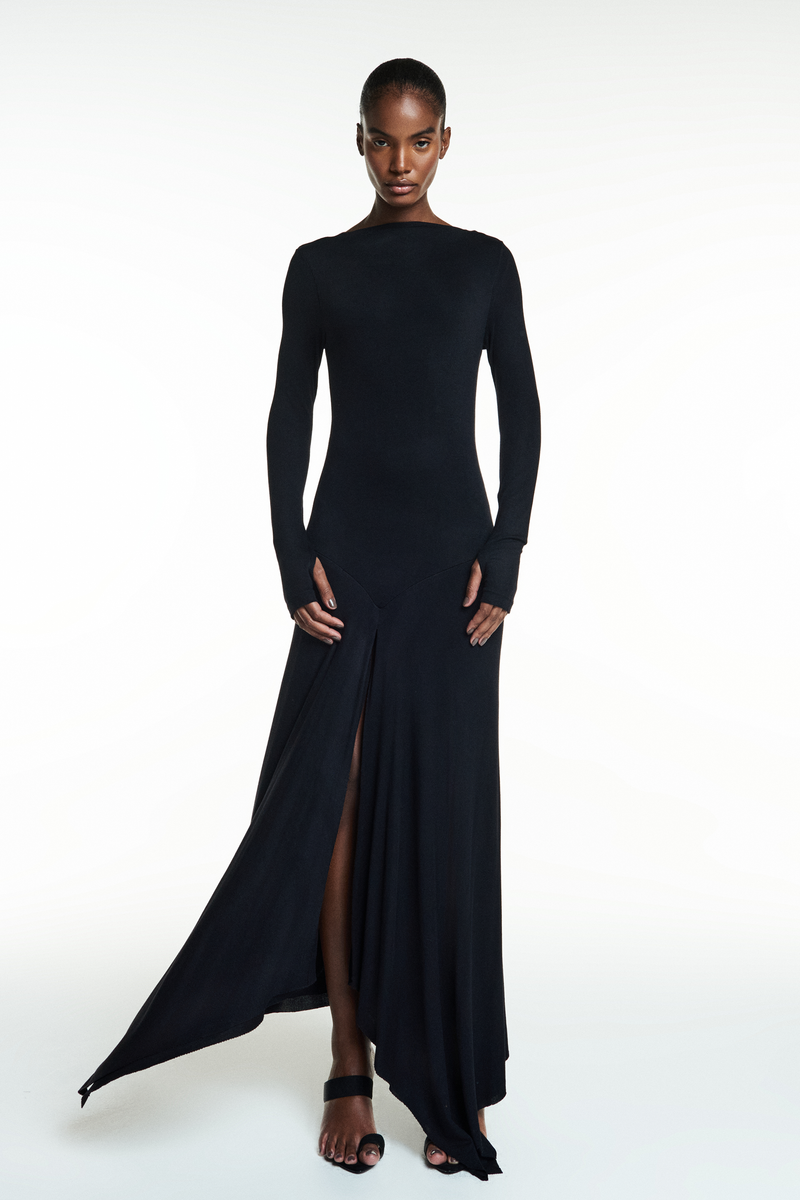 VESTIDO LONGO MANGA LONGA FENDA FRONTAL MALHA PRETA (8838232309987)