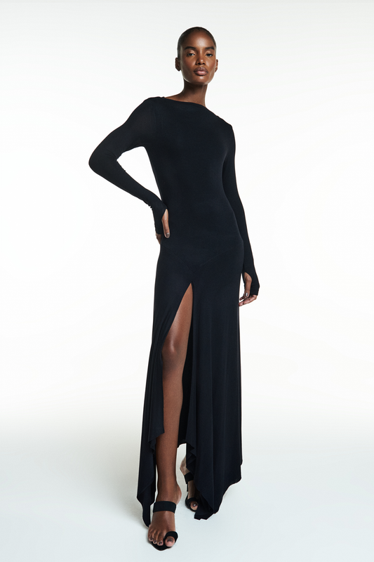 VESTIDO LONGO MANGA LONGA FENDA FRONTAL MALHA PRETA (8838232309987)