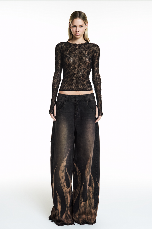 CALÇA JEANS DIRTY BLACK FOGO PINTADO À MÃO (8838228672739)