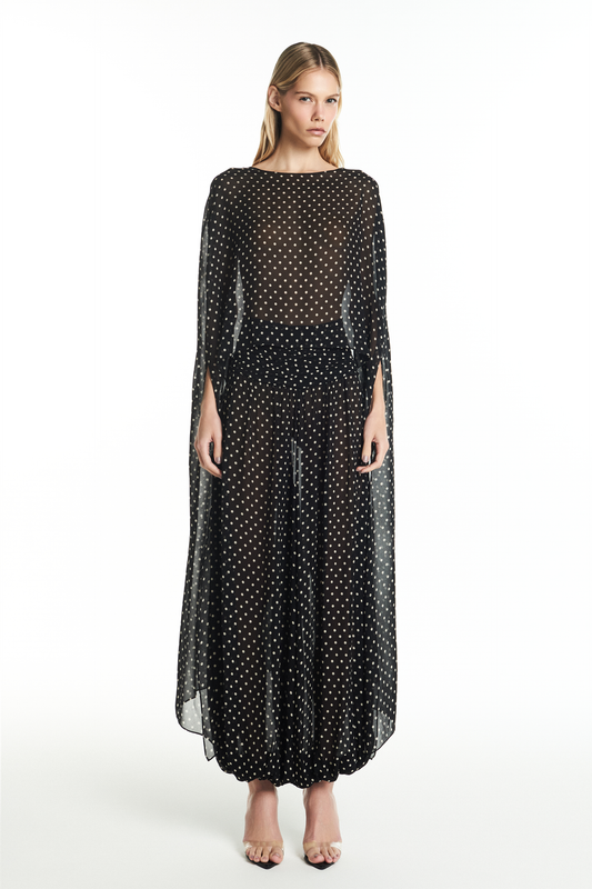 CALÇA ALADIM PALA DRAPEADA GEORGETE POÁ PRETO (8928985972963)