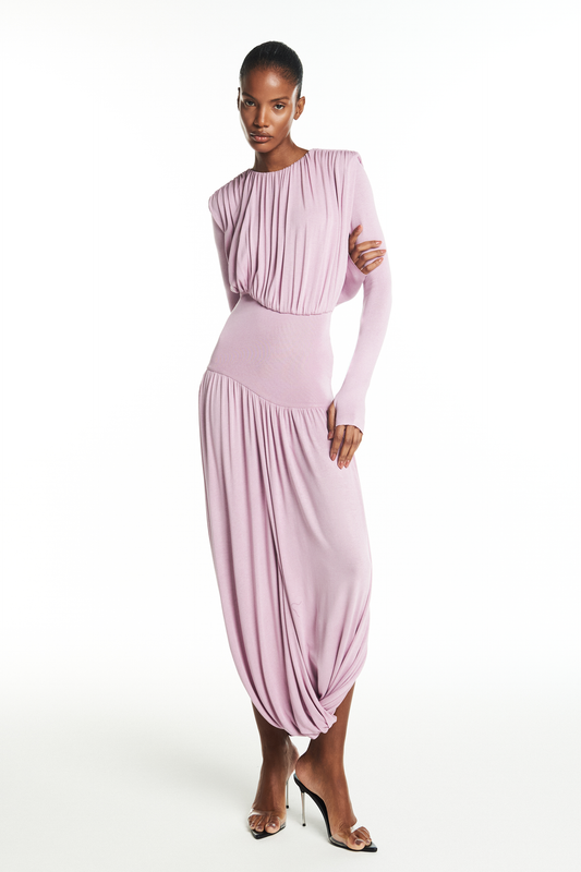 VESTIDO LONGO MANGA LONGA SAIA TORCIDA CORPO DRAPEADO MALHA LAVANDA (8928999506147)