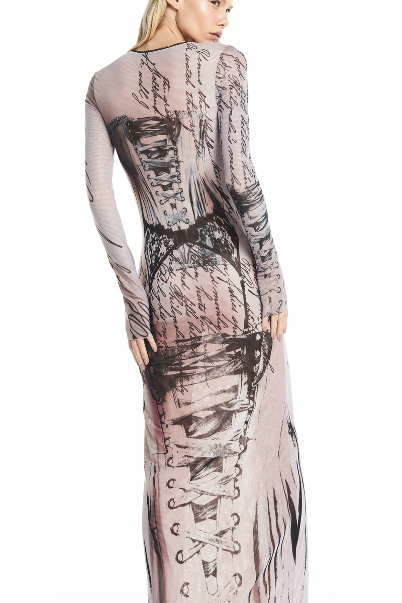 VESTIDO LONGO MANGA LONGA TULE ESTAMPA CORSET (8929000194275)