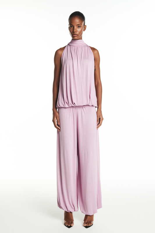 BLUSA GOLA ALTA DRAPEADA SEM MANGA MALHA LAVANDA (8928980992227)