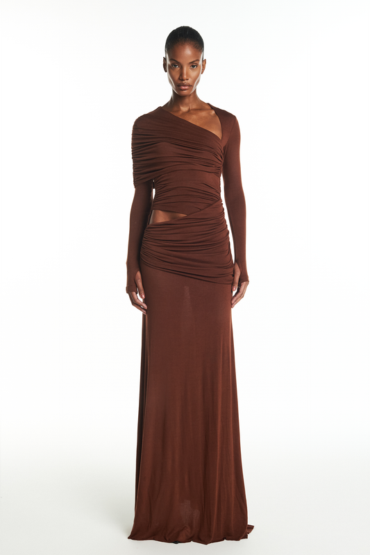 VESTIDO LONGO TRANSPASSES DECOTE ASSIMÉTRICO MANGA LONGA MALHA MARROM (8929000390883)