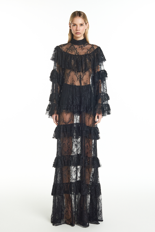 VESTIDO LONGO GOLA ALTA BABADOS RENDA PRETO (8928999375075)