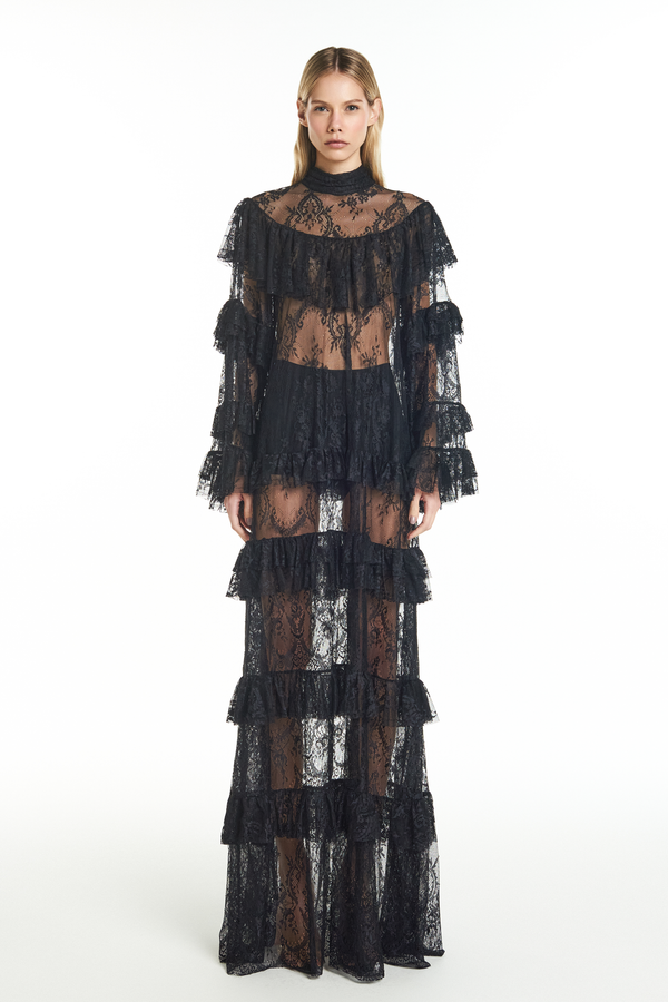 VESTIDO LONGO GOLA ALTA BABADOS RENDA PRETO (8928999375075)