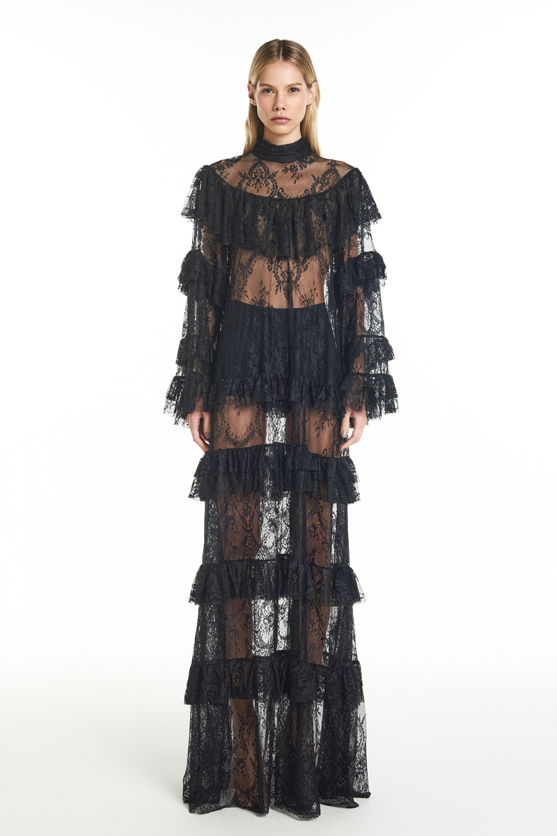 VESTIDO LONGO GOLA ALTA BABADOS RENDA PRETO (8928999375075)