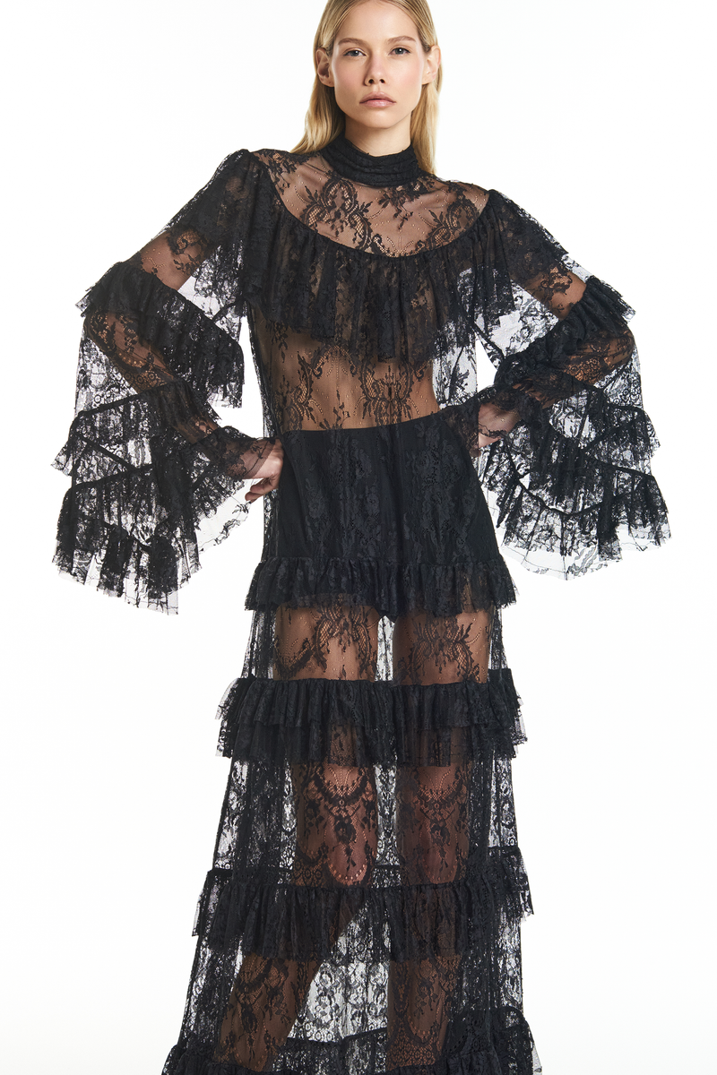 VESTIDO LONGO GOLA ALTA BABADOS RENDA PRETO (8928999375075)
