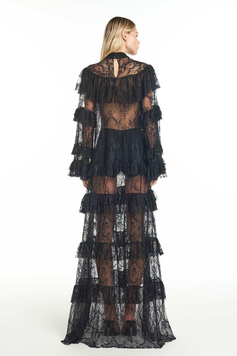 VESTIDO LONGO GOLA ALTA BABADOS RENDA PRETO (8928999375075)