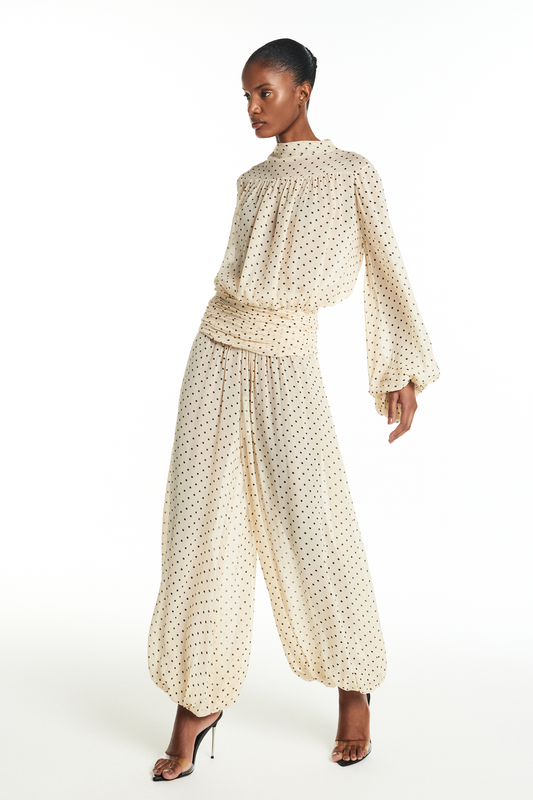 CALÇA ALADIM PALA DRAPEADA GEORGETE POÁ MANTEIGA (8928985448675)