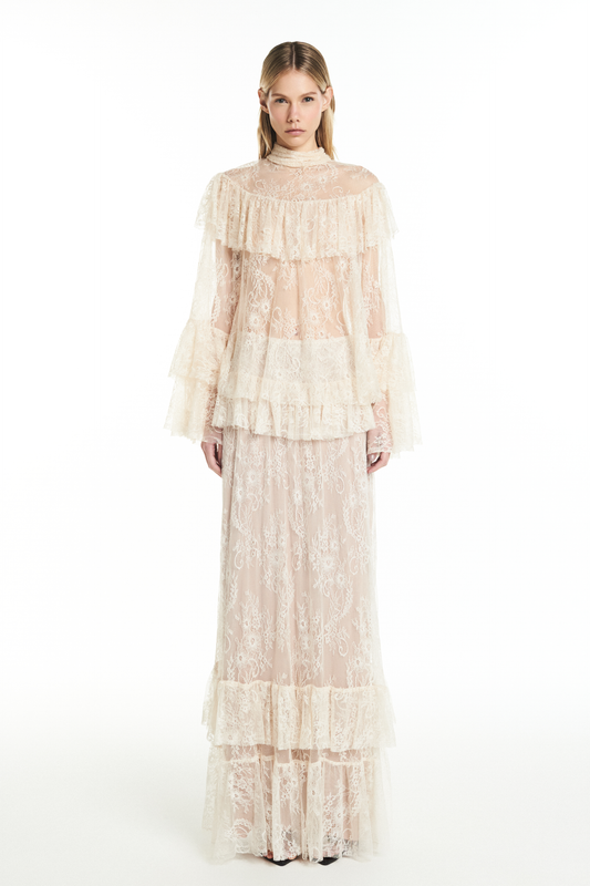 BLUSA GOLA ALTA BABADOS COLO E MANGAS RENDA OFF WHITE (8928980697315)