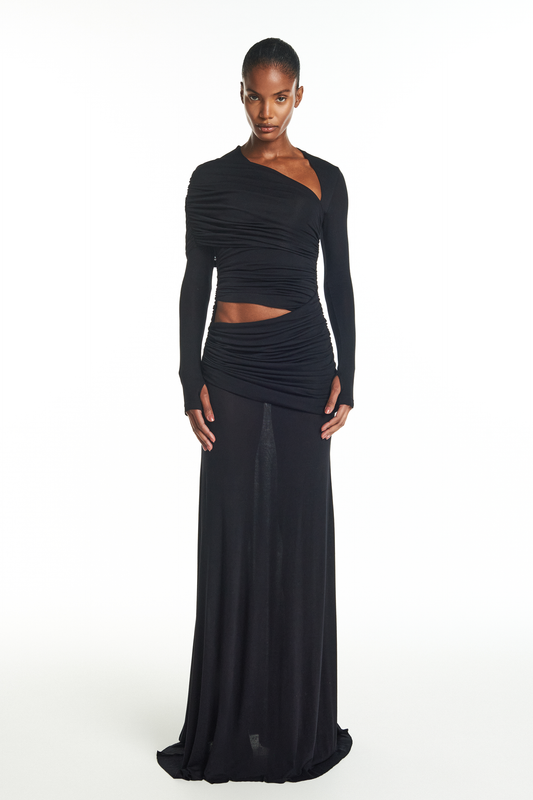 VESTIDO LONGO TRANSPASSES DECOTE ASSIMÉTRICO MANGA LONGA MALHA PRETO (8929000587491)