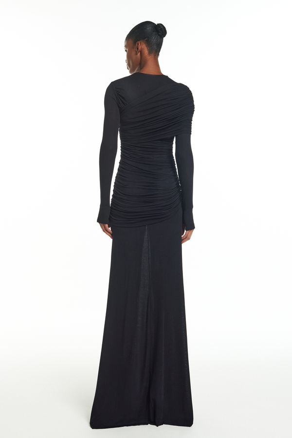 VESTIDO LONGO TRANSPASSES DECOTE ASSIMÉTRICO MANGA LONGA MALHA PRETO (8929000587491)