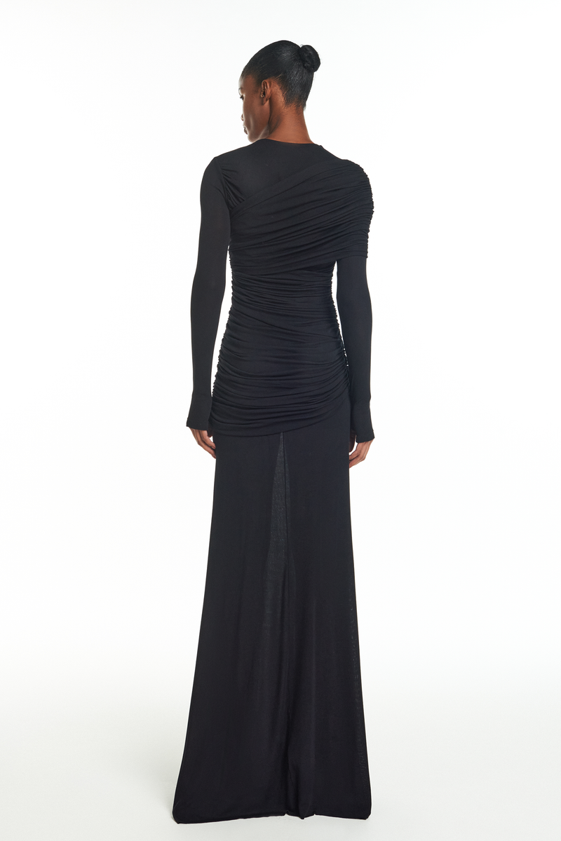 VESTIDO LONGO TRANSPASSES DECOTE ASSIMÉTRICO MANGA LONGA MALHA PRETO (8929000587491)