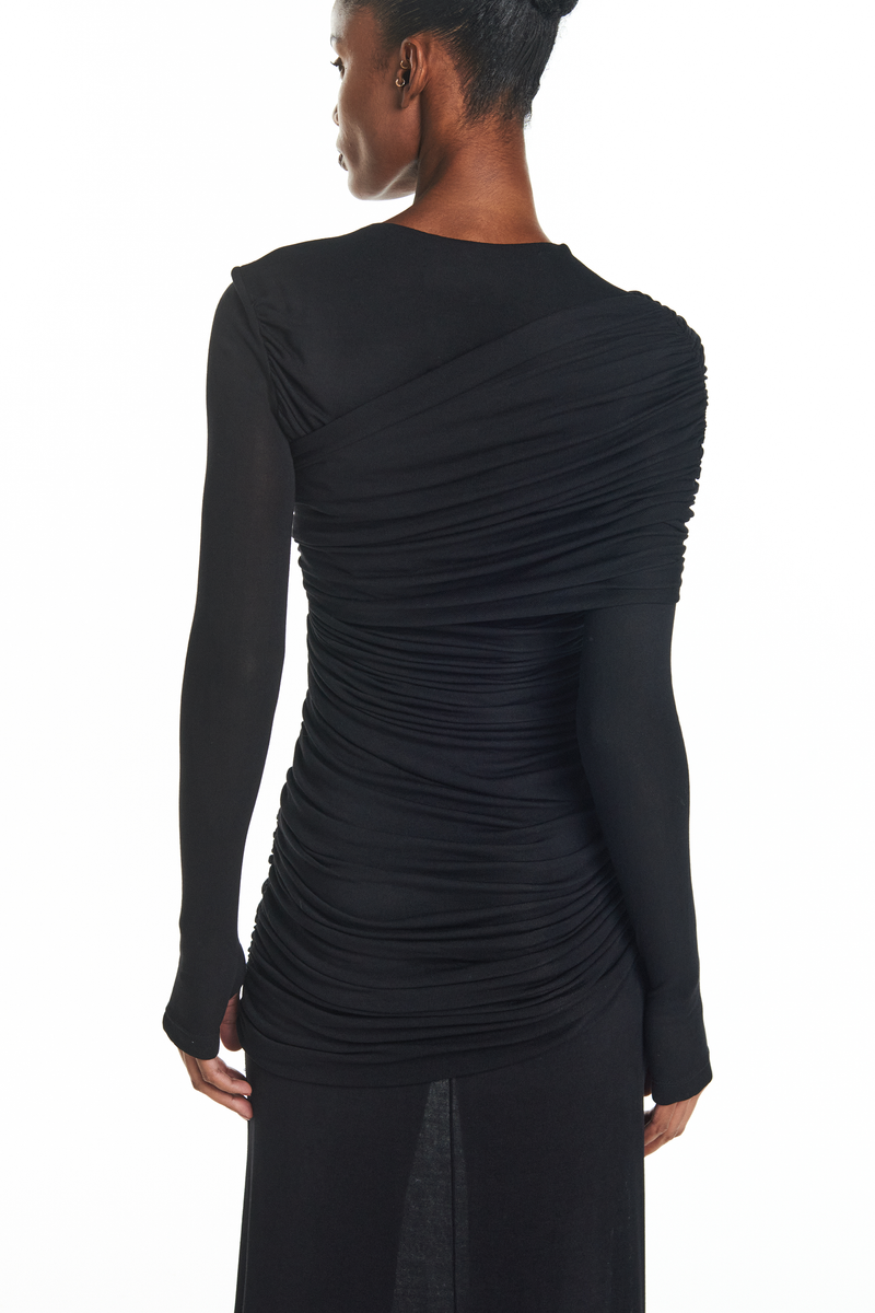 VESTIDO LONGO TRANSPASSES DECOTE ASSIMÉTRICO MANGA LONGA MALHA PRETO (8929000587491)