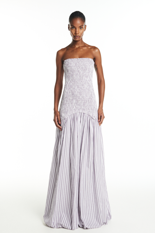 VESTIDO LONGO BALONÊ TOMARA QUE CAIA CORPO LASTEX TRICOLINE LILÁS E OFF WHITE (8928999112931)
