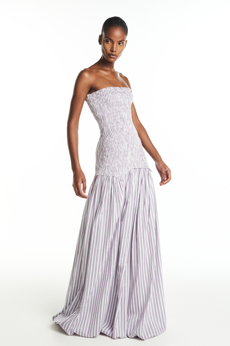 VESTIDO LONGO BALONÊ TOMARA QUE CAIA CORPO LASTEX TRICOLINE LILÁS E OFF WHITE (8928999112931)