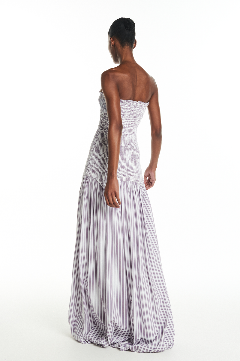 VESTIDO LONGO BALONÊ TOMARA QUE CAIA CORPO LASTEX TRICOLINE LILÁS E OFF WHITE (8928999112931)