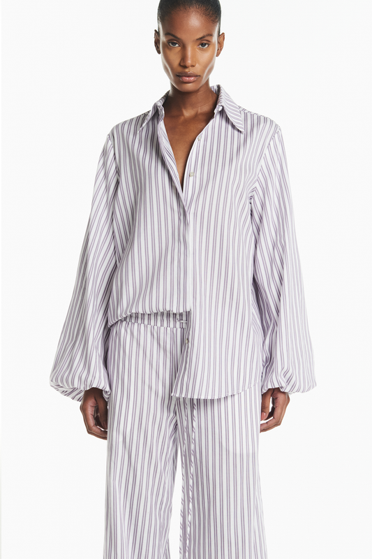 CAMISA MANGA BALONÊ TRICOLINE LISTRAS LILÁS E OFF WHITE (8928988168419) (8928987840739)