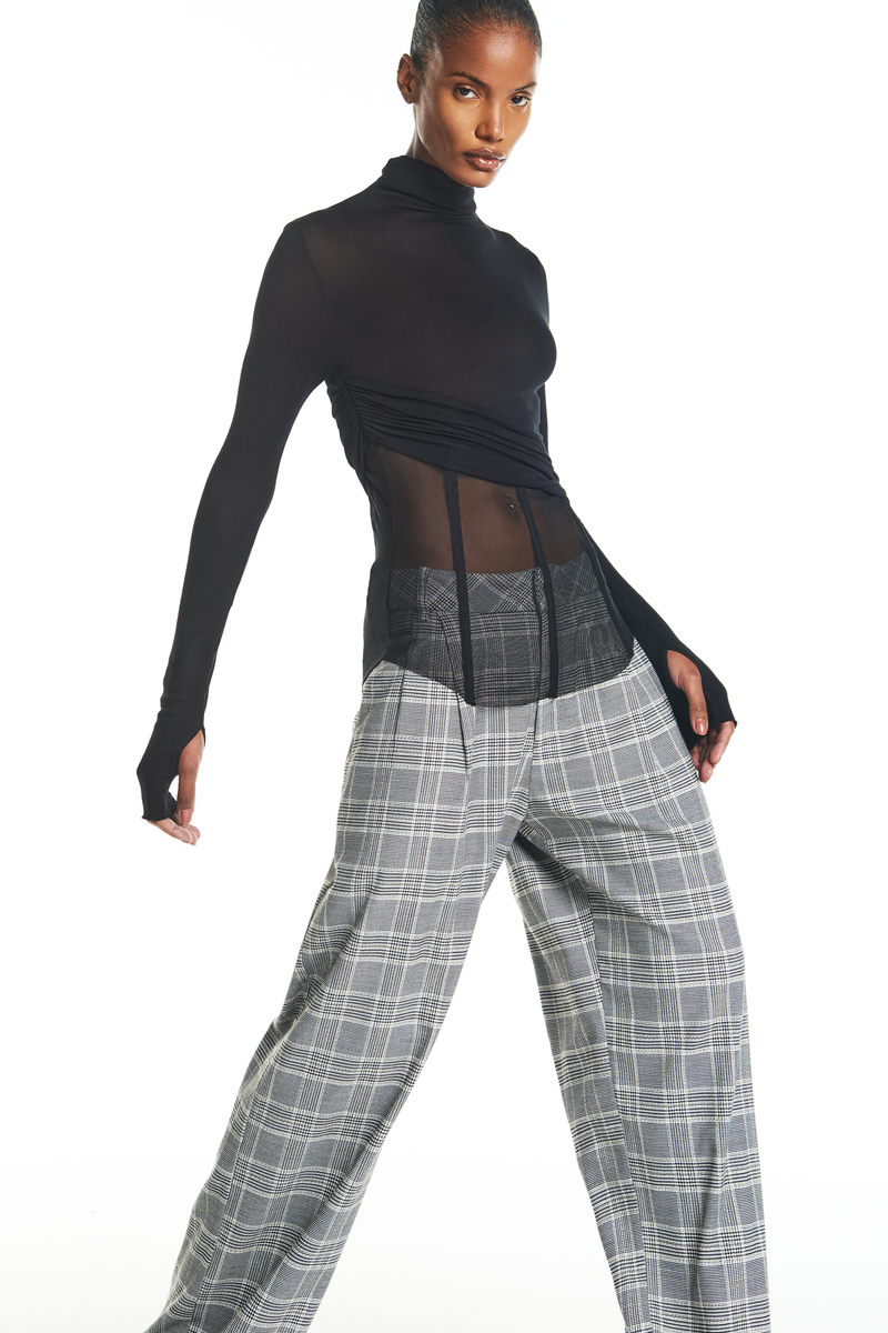 CALÇA ALFAIATARIA PREGAS XADREZ PRETO E BRANCO (8928987381987)