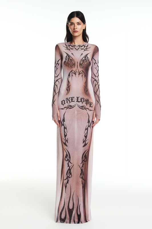 VESTIDO LONGO MANGA LONGA TULE TRIBAL ONE LOVE (8864603144419)