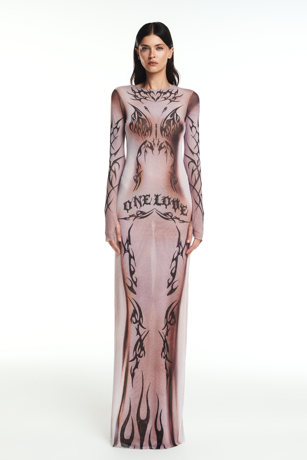 VESTIDO LONGO MANGA LONGA TULE TRIBAL ONE LOVE (8864603144419)
