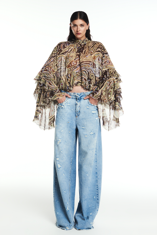 BLUSA GOLA ALTA BABADOS BARRA E MANGAS GEORGETE PASLEY (8864601833699)