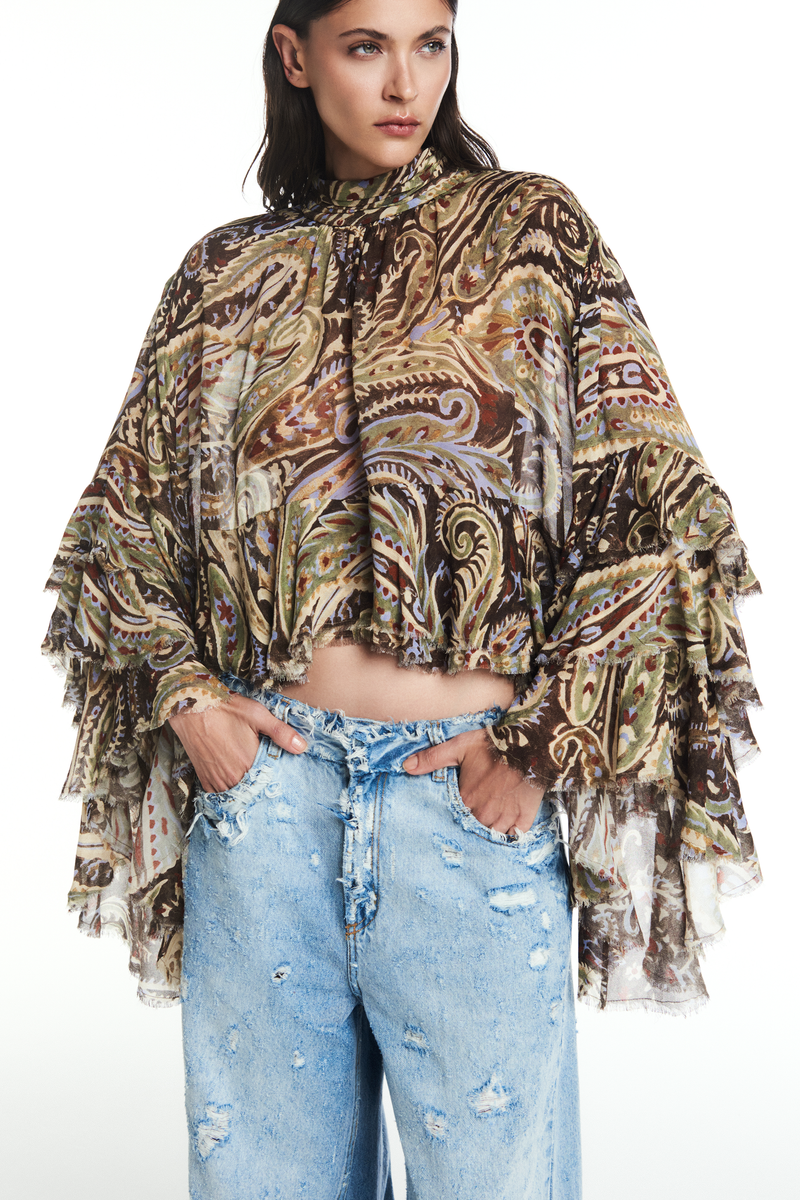 BLUSA GOLA ALTA BABADOS BARRA E MANGAS GEORGETE PASLEY (8864601833699)