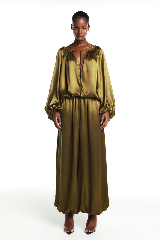 CALÇA ELÁSTICO CÓS E BARRA CETIM VERDE (8864518209763)