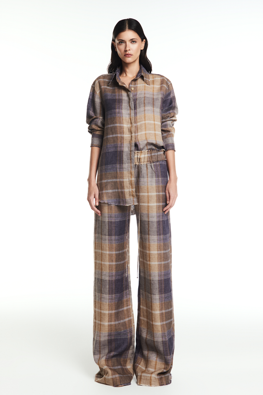 CALÇA ELÁSTICO CÓS LINHO XADREZ AZUL E BEGE (8864518308067)