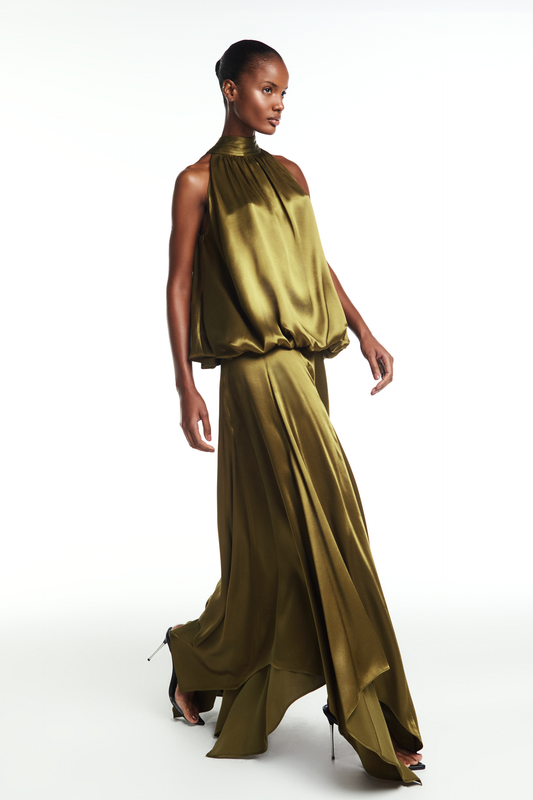 BLUSA GOLA ALTA DRAPEADA SEM MANGA CETIM VERDE (8864517456099)