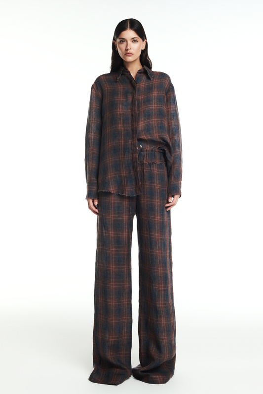 CALÇA ELÁSTICO CÓS LINHO XADREZ AZUL E VINHO (8864518340835)