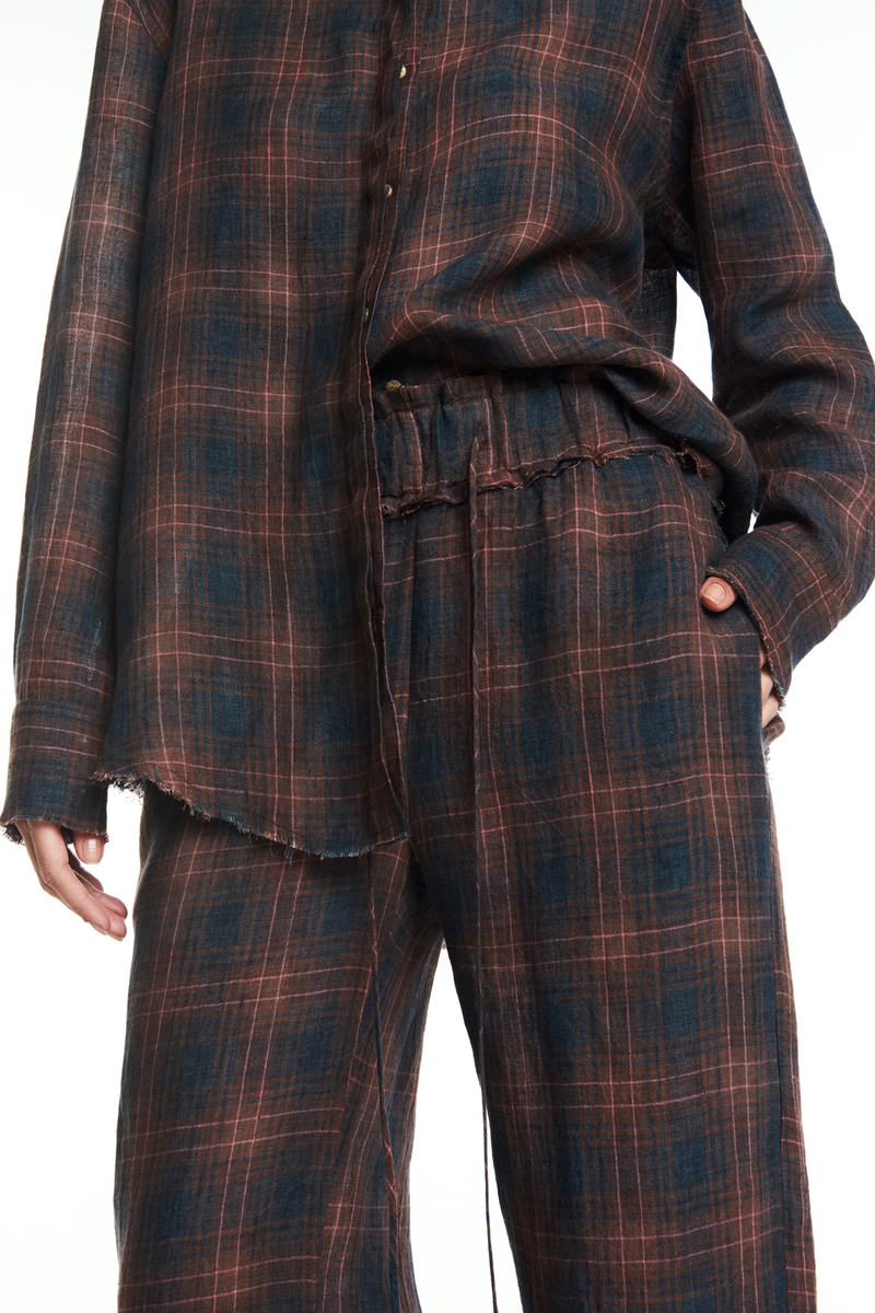 CALÇA ELÁSTICO CÓS LINHO XADREZ AZUL E VINHO (8864518340835)