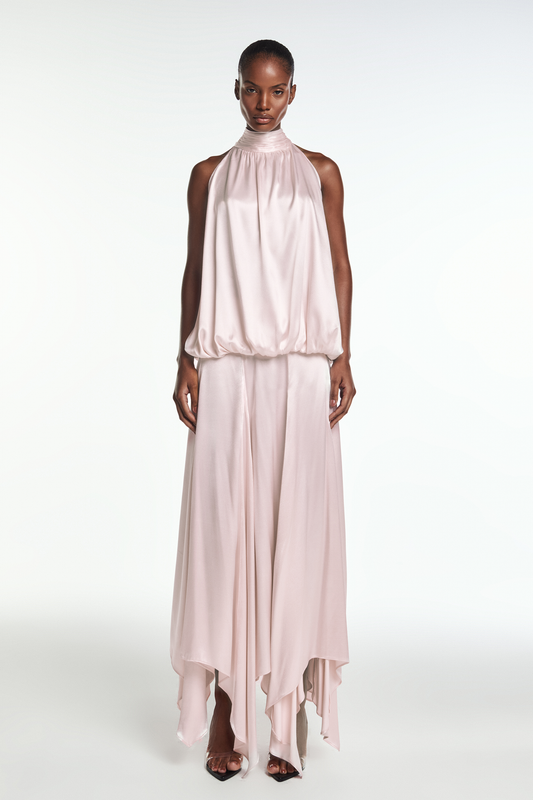 BLUSA GOLA ALTA DRAPEADA SEM MANGA CETIM ROSA (8864517390563)