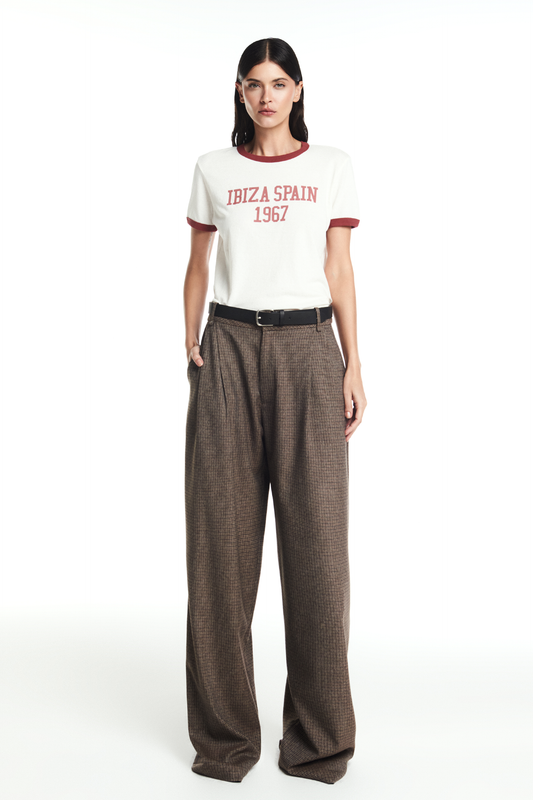 CALÇA ALFAIATARIA PREGAS XADREZ MARROM (8864518078691)